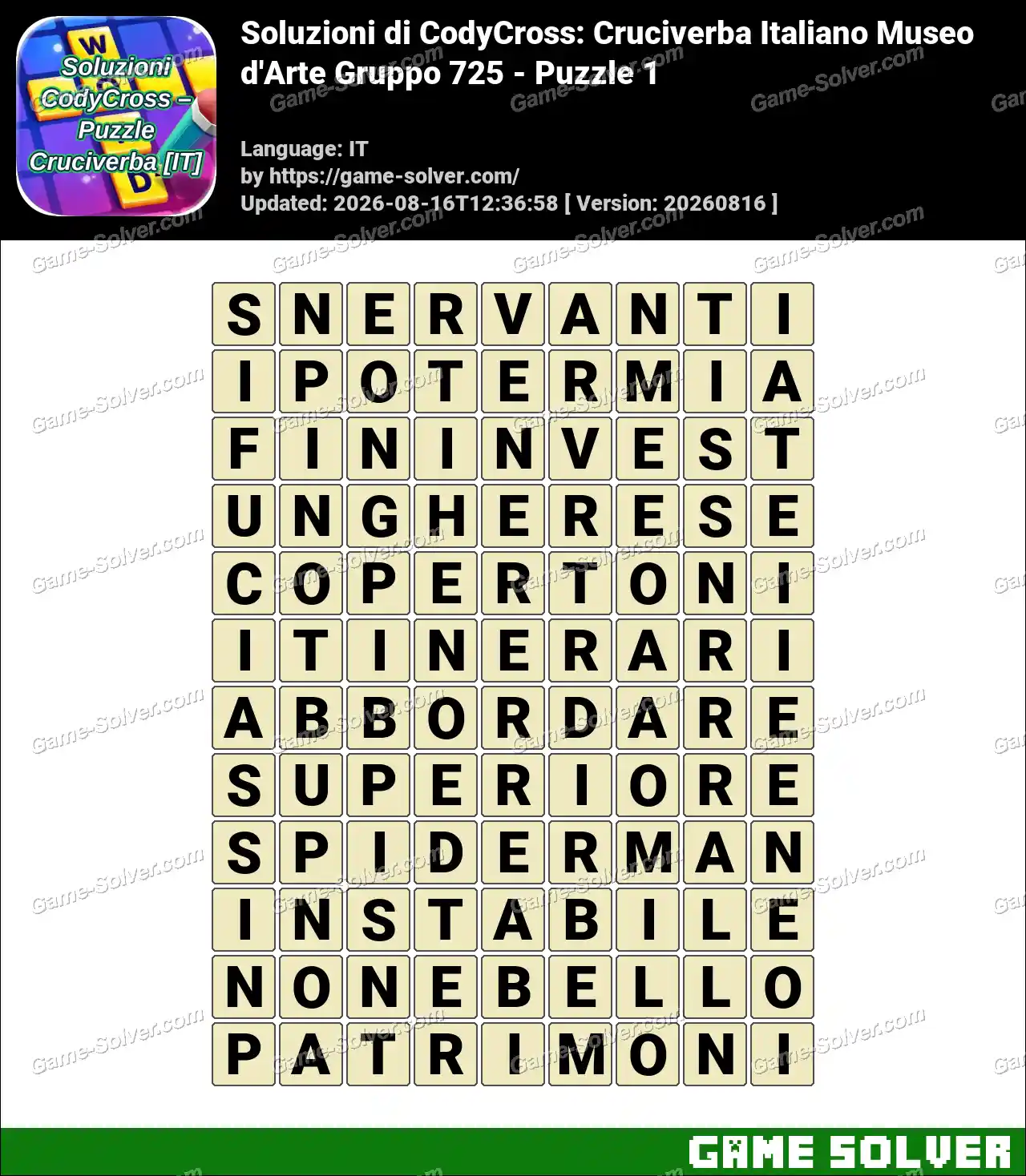 Soluzioni di CodyCross: Cruciverba Italiano Museo d’Arte Gruppo 725 – Puzzle 1